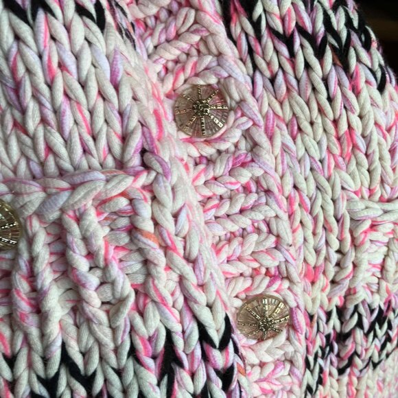 CHANEL Chunky Cable Knit Cotton Cardigan Sweater Jacket Pink Black Size 36 L XL - Picture 13 of 14